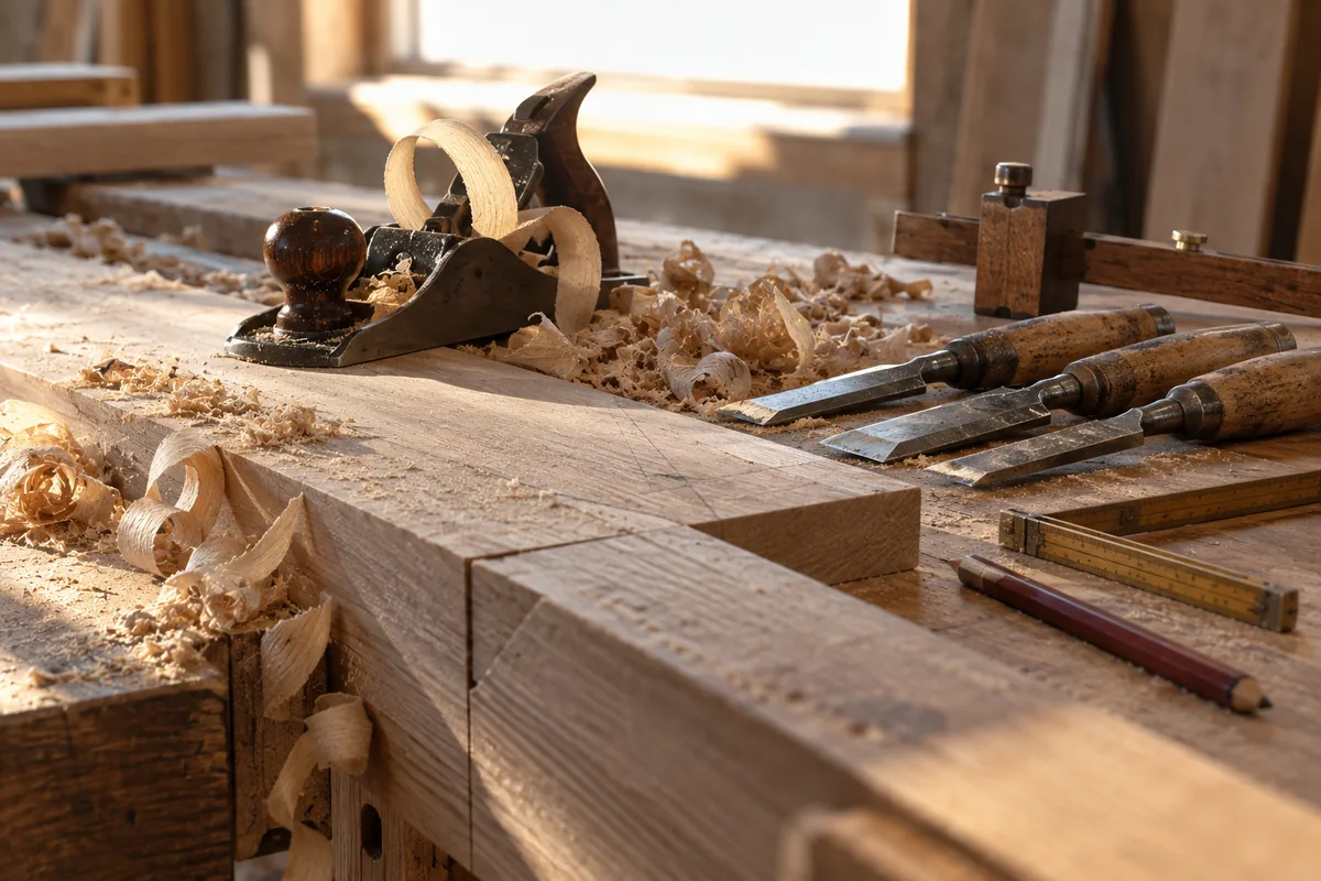 Hands planing a mitred joint on white oak cabinetry, wood shavings on the bench