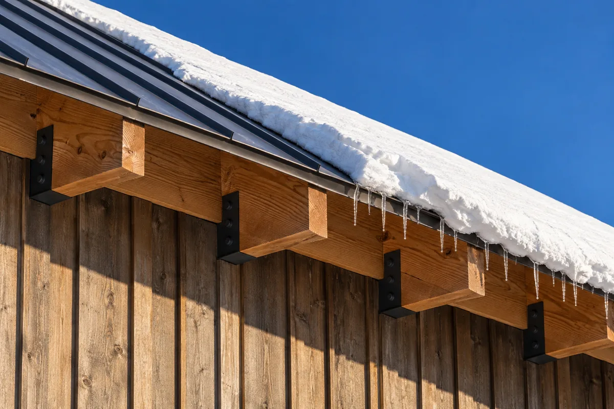 Deep settled snow on a standing-seam roof above exposed timber rafter tails